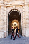 Soldiers and building. Valletta city. Malta Isle. Republic of Malta. Europe.