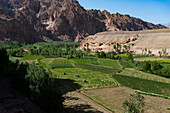 Rugged landscapes and green patchwork fields near Shahr-e Zohak, Afghanistan, Asia