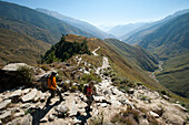 Trekkers make their way east down the Juphal Valley in Lower Dolpa in west Nepal, Himalayas, Nepal, Asia