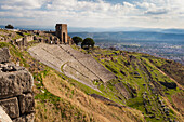 'Ruins of the theater in Pergamum, with such good acoustics that a whisper onstage could be heard all the way to the top row; Pergamum, Turkey'