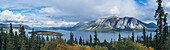 Fall showers create a rainbow over Tagish Lake, Bove Island, along the Klondike Highway, Yukon Territory, Canada