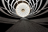 The graphically looking spiral driveway to a multi-storey car park from a low angle view, Hamburg, Germany