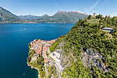 Aerial view of the picturesque village of Varenna overlooking the blue waters of Lake Como Lecco Province Lombardy Italy Europe