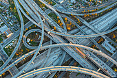 Aerial view of highway interchange in cityscape