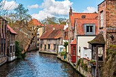 Houses and canals in Bruges, Belgium, Europe.