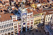 Torre dell´Orologio seen from Campanile di San Marco, Venice, Veneto, Italy, Europe.