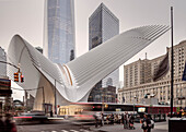 the Oculus and One World Trade Center exterior, futuristic train station by famous architect Santiago Calatrava next to WTC Memorial, Manhattan, New York City, USA, United States of America