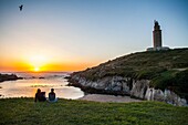 Tower of Hercules, Roman lighthouse, and Lapas beach, Coruña city, Galicia, Spain.