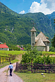 The village of Theth, with its shingle roofed church, Northern Albania.