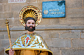 Spain, Galicia, Santiago de Compostela, listed as World Heritage by UNESCO, street artist maked-up as St. James