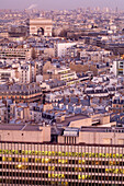 France, Paris, Arc de Triomphe at nightfall seen from the Concorde Lafayette Hotel