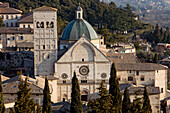 Italy, Umbria, Assisi, San Rufino Cathedral listed as World Heritage by UNESCO, facade seen from the top of the Rocca Maggiore Fortress