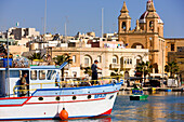 Malta, South Coast, Marsaxlokk, Our Lady of Pompeii church and the harbour