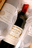 France, Gironde, Saint Emilion, Bordeaux vineyard, 2000 wine bottle of Chateau Cheval Blanc, AOC Saint Emilion Premier Grand Cru listed A, property of LVMH and Albert Frere