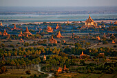 Myanmar (Burma), Mandalay Division, Bagan, Old Bagan, the archaeological site to hundreds of pagodas and stupas built between the 10th and 13th centuries (aerial view)