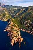 France, Corse du Sud, the Gulf of Porto, listed as World Heritage by UNESCO, Calanches de Piana, Piana village (aerial view)