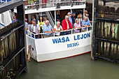 Passenger ship Wasa Lejon in the lock of the Goeta Canal, Berg, close to Linkoeping, oestergoetland, South Sweden, Sweden, Scandinavia, Northern Europe