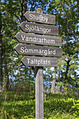 Wegweiser auf der Insel Finnhamn im Stockholmer Schärengarten, Stockholms skärgård, Uppland, Stockholms län, Südschweden, Schweden, Skandinavien, Nordeuropa, Europa