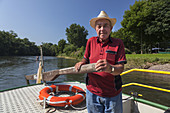 One-man ferry over the Sieg near Bergheim, tributary of the Rhine, Troisdorf, North Rhine-Westphalia, Germany