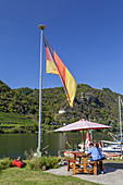 Boat rental and kiosk Klabautermann by the Mosel near Burgen, Eifel, Rheinland-Palatinate, Germany, Europe