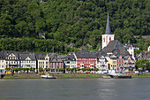 View over the Rhine to the old town of Sankt Goar with abbey church, Upper Middle Rhine Valley, Rheinland-Palatinate, Germany, Europe