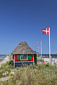 Strandhäuser am Strand Erikshale auf der Insel Ærø, Marstal, Schärengarten von Fünen, Dänische Südsee, Süddänemark, Dänemark, Nordeuropa, Europa