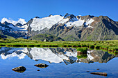 Oetztal Alps reflecting in mountain lake, lake Soomsee, Obergurgl, Oetztal Alps, Tyrol, Austria