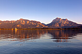 Blick über den Forggensee auf Tegelberg, Schloss Neuschwanstein, Schloss Hohenschwangau und Säuling, Allgäuer Alpen, Allgäu, Bayern, Deutschland