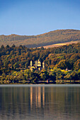 View over Laacher See to Maria Laach, monastery, Eifel, Rhineland-Palatinate, Germany