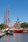 Museum ships, Ratsdelft, town hall, Emden,  East Friesland, Lower Saxony, Germany