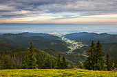 View from Belchen over the Muenstertal to the Rhine valley and the Vosges, Black Forest, Baden-Wuerttemberg, Germany