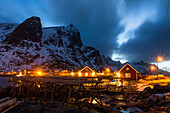 red wooden rorbu huts in fishing village Reine, Moskensoya, Lofoten Islands, Norway, Skandinavia, Europe