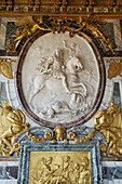 France, Yvelines, Chateau de Versailles, listed as World Heritage by UNESCO, the War Drawing room at the end of the Galerie des Glaces (Hall of Mirrors) with King Louis XIV