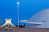 Brazil, Brasilia, listed as World Heritage by UNESCO, Metropolitana Nossa Senhora Aparecida cathedral and the National Museum by architect Oscar Niemeyer