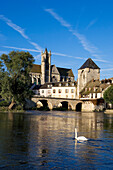 France, Seine et Marne, Moret on Loing, Notre Dame de la Nativite Church, Porte de Bourgogne (Gate of Burgundy) and bridge over Loing River