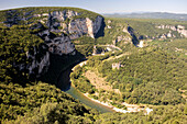 France, Ardeche, canoeing on the Ardeche River, view from the Vivarais Plateau