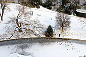 France, Paris, the Parc des Buttes Chaumont (Buttes Chaumont Park) under the snow