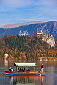 Slovenia, Gorenjska region, Bled lake, the Pletna (local gondola), is linking the island of the lake, with the Julian Alps and the Bled castle in the bakcground