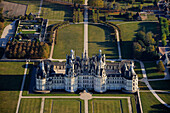 France, Loir et Cher, Loire Valley listed as World Heritage by UNESCO, Chateau de Chambord (aerial view)