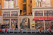 France, Rhone, Lyon, historical site listed as World Heritage by UNESCO, trompe l'oeil on rue de La Martiniere on the quais de Saone, Velo'V