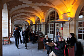France, Paris, the Place des Vosges, Cafes under the arcades