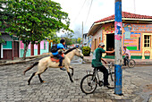 Nicaragua, Ometepe Island on Nicaragua Lake, Moyogalpa, rider and his criollo in the streets of the small harbour