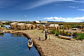 Peru, Puno Province, Titicaca lake, floating islands of Uros, lying on a bed of reeds, 80 cm high above the surface of water, the artificial archipelago hasn't changed much since the 13th century