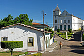 Brazil, Bahia State, Cairu Island, main street in the village of Cairu and its church