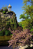 France, Paris, Buttes Chaumont park, the Belvédère or temple of Sybil and a japanese cherry (Prunus sp.) in spring