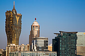 Overhead of city skyline with Grand Lisboa Resort & Casino from Penha Church, Macau, Macau, China