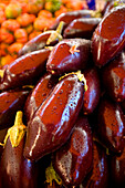 France, Alpes Maritimes, Menton, market in front of the municipal covered market, eggplant