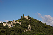 Frankreich, Gard, La Roque sur Cèze, etikettiert Die Schönsten Dörfer Frankreichs (Die schönsten Dörfer von Frankreich), ein Schloss und eine Kapelle vom 11. Jahrhundert mit Blick auf das Dorf von einem Felsen