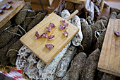 France, Gard, La Roque sur Ceze, labelled Les Plus Beaux Villages de France (The Most Beautiful Villages of France), handcrafted products market, cooked meats
