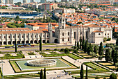 Portugal, Lisbon, Belem District, Mosteiro dos Jeronimos, listed as World Heritage by UNESCO, seen from the terrace of Monument to the Discoveries